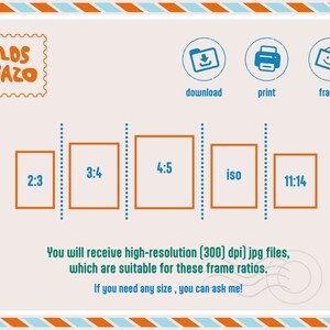 May include: A digital illustration of a postcard with a stamp that says "LOS GAZO". The postcard shows five different aspect ratios for digital images: 2:3, 3:4, 4:5, ISO, and 11:14. The text below the image says "You will receive high-resolution (300 dpi) jpg files, which are suitable for these frame ratios. If you need any size, you can ask me!"