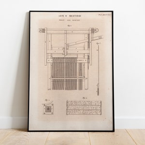 Pode incluir: Uma ilustração vintage em preto e branco de um tear, com a etiqueta "ARTI E MESTIERI" e "TELAJIO A ARIA SQUADRATA".