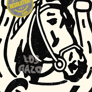 May include: Black and white illustration of a horse's head inside a horseshoe with the words "Los Gazo" and "Luck" underneath. A yellow and gray stamp with the words "High Resolution" is in the top left corner.