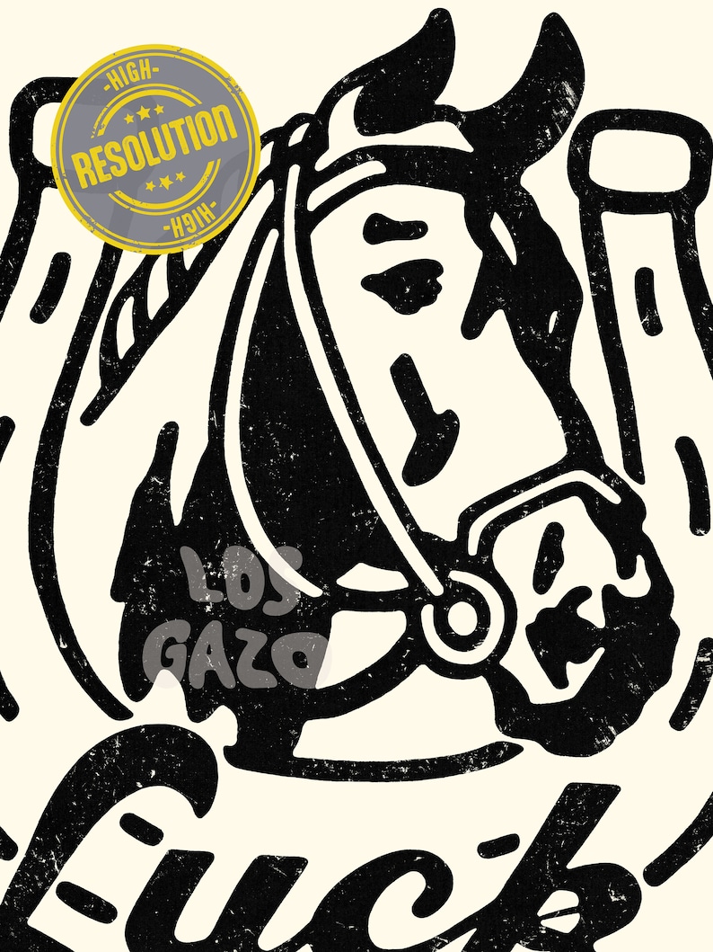 May include: Black and white illustration of a horse's head inside a horseshoe with the words "Los Gazo" and "Luck" underneath. A yellow and gray stamp with the words "High Resolution" is in the top left corner.