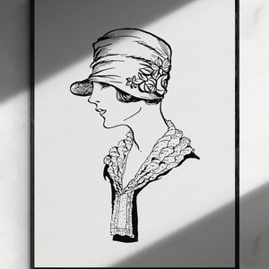 May include: A black and white line drawing of a woman wearing a cloche hat with a floral embellishment and a crocheted collar.