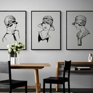 Set of 3 Fashion Woman Hat Print, Fashion Poster, Vintage Fashion Drawing Art, Art Deco, 1920s, Salon Decor, Printable Wall Art image 4