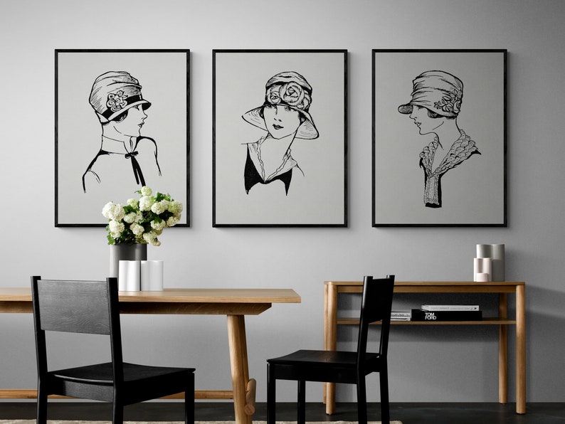 Set of 3 Fashion Woman Hat Print, Fashion Poster, Vintage Fashion Drawing Art, Art Deco, 1920s, Salon Decor, Printable Wall Art image 4