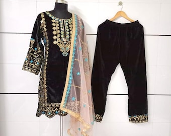 Traje pakistaní de terciopelo negro bordado: Salwar Kameez confeccionado con dupatta