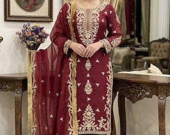 Embroidered Salwar Kameez with Heavy Dupatta: Wedding Sharara Suit
