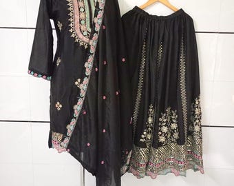 Black Embroidered Salwar Kameez: Pakistani Designer 3-Piece Suit