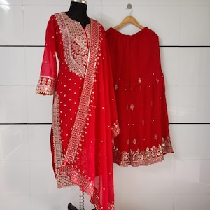New designer Red Embroidered Salwar Kameez with Heavy Dupatta Neck Pattern Suit, Salwar Kameez, Wedding Sharara, Plus size Dress, Suit Eid
