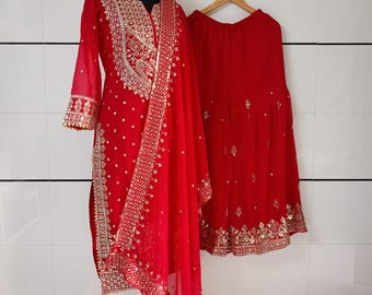 Red Embroidered Salwar Kameez with Heavy Dupatta: Stitched Plus Size Suit