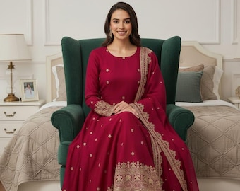 New designer 3 Piece Embroidered Anarkali Gown with Dupatta Square Neck Suit, Salwar Kameez,  Wedding Gown, Plus size Gown, Party Wear Gown