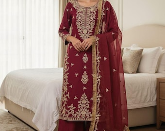 Pakistani designer 3 pc Heavy Embroidered Salwar Kameez with Dupatta Suit, Wedding Salwar Kameez for Women, Marron Sharara, Plus size Dress