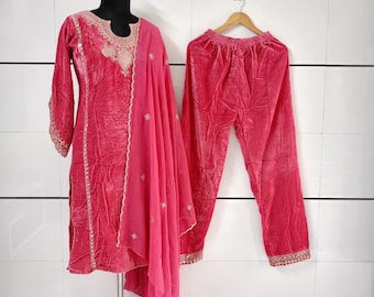 Conjunto Kurta Palazzo de terciopelo con bordado Zari: ropa de fiesta de diseñador pakistaní