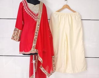 Handmade Mirror Work Red Sharara Suit: Embroidered Crepe Silk Salwar Kameez