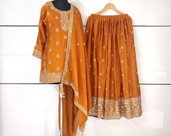 Embroidered Mustard Yellow Salwar Kameez: Chinnon Silk Party Suit