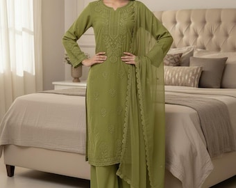 New Women's Designer Embroidered Georgette Palazzo Suit, 3-Piece Salwar Kameez, Wedding Wear Suit, Winter Wear Suit, Party Wear Suit