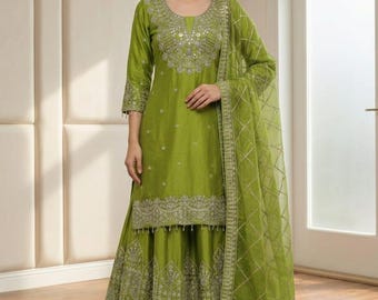 New designer 3 Piece Embroidered Salwar Kameez with Heavy Dupatta Neck Pattern Suit, Salwar Kameez, Wedding Sharara,Plus size Dress,Eid suit