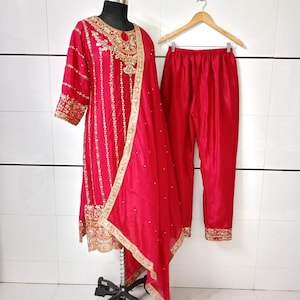 Pakistani designer 3 Piece Embroidered Maroon Salwar Kameez with Dupatta Neck Pattern Suit, Salwar Kameez, Wedding Sharara, Plus size Dress