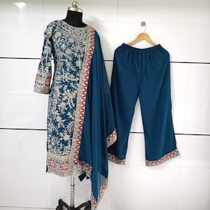 Designer Blue Georgette Palazzo Suit For Women And Girls , Embroidery Sequence Work With Dupatta, Wedding Suit, Punjabi Palazzo Suit