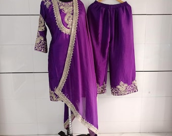 Blue Embroidered Chinnon Silk Salwar Kameez: Pakistani Wedding Sharara