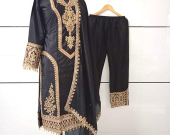 Embroidered Black Chinon Silk Salwar Kameez: Pakistani Palazzo Suit