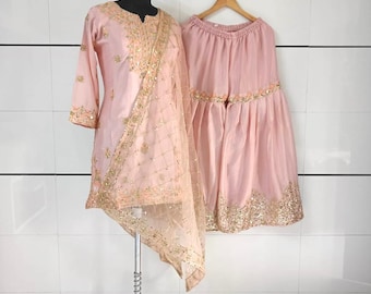 Embroidered Chinon Silk Sharara Suit with Heavy Dupatta