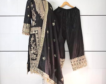 Embroidered Black Pakistani Salwar Kameez: Chinnon Silk Palazzo Suit
