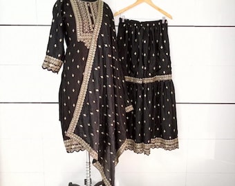 Embroidered Chinon Silk Sharara Suit: Designer Salwar Kameez with Dupatta
