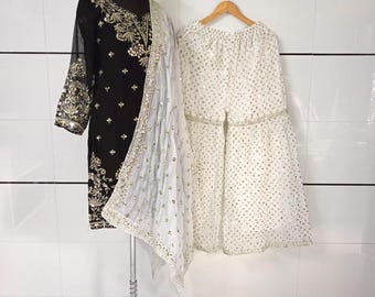 Embroidered Georgette Salwar Kameez with Dupatta: Party Wear Sharara Suit