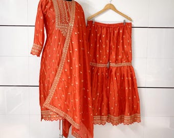 Embroidered Chinon Silk Sharara Suit: Party Wear Salwar Kameez