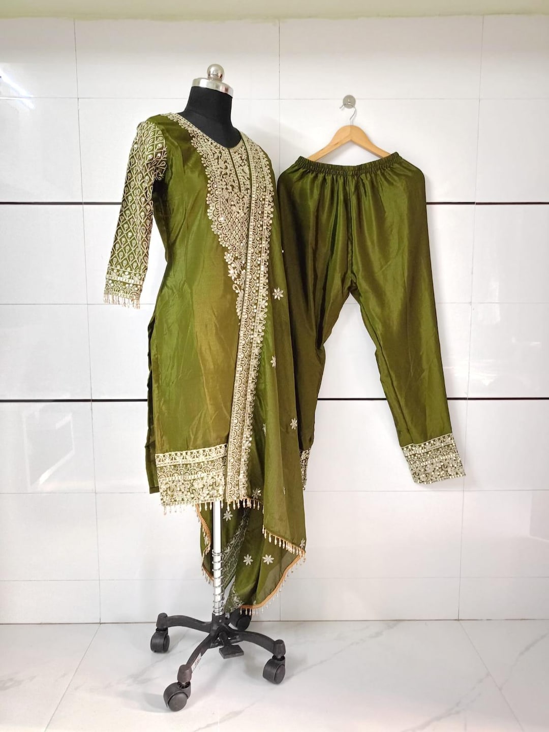 Bottle Green Chinon Kurta Set with Flared Palazzo & Beige-Gold Hand Embroidery main image 0