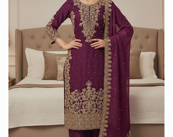 New designer 3 Piece Embroidered Salwar Kameez with Heavy Dupatta Neck Pattern Suit, Salwar Kameez, Wedding Sharara, Plus size Salwar suit