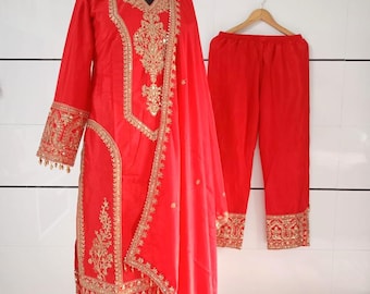 Red Embroidered Silk Palazzo Suit, Pakistani Wedding Salwar Kameez