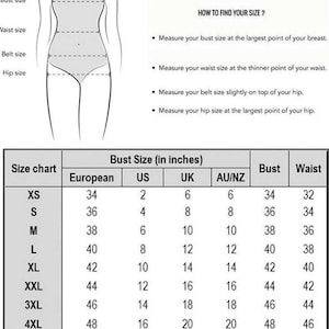 May include: A size chart with bust, waist, and hip measurements in inches. The chart includes European, US, UK, and AU/NZ sizes, ranging from XS to 4XL. Instructions on how to measure for size are also included.