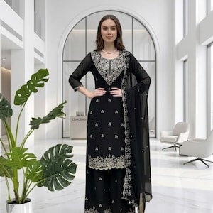 Black designer 3 Piece Embroidered Salwar Kameez with Heavy Dupatta Neck Pattern, Salwar Kameez, Wedding Sharara, Plus size Dress, Eid suit