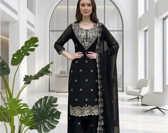 Black designer 3 Piece Embroidered Salwar Kameez with Heavy Dupatta Neck Pattern, Salwar Kameez, Wedding Sharara, Plus size Dress, Eid suit