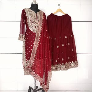 Neuer Designer Kastanienbraun bestickter Salwar Kameez mit schwerem Dupatta-Ausschnitt Musteranzug, Salwar Kameez, Hochzeit Sharara, Plus Size Kleid, Anzug Eid