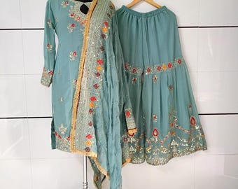 Embroidered Georgette Kurta Sharara Set: Indian Wedding Salwar Kameez