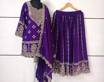 Embroidered Chinnon Silk Sharara Suit: Pakistani Salwar Kameez