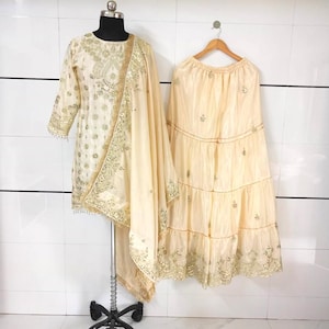 Off-White Pakistanischer Designer Salwar Kameez mit Dupatta, Salwar Kameez, Hochzeit Top-Palazzo, Pakistanischer Anzug, Anzüge für Eid