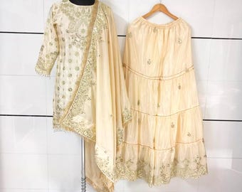 Embroidered Pakistani Salwar Kameez with Dupatta: Chinon Palazzo Suit