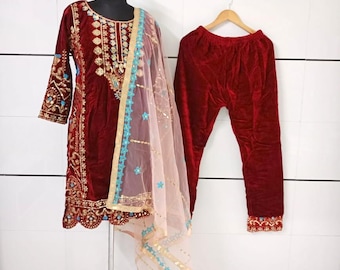 Zari Embroidered Velvet Kurta Palazzo Set: Pakistani Designer Partywear