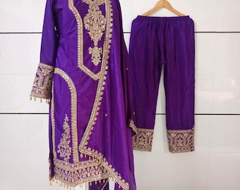 Royal Blue Embroidered Salwar Kameez: Chinon Silk Palazzo Suit
