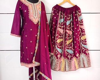 Broderad Chinnon-sidensalwar kameez med Dupatta: Indisk bröllopssharara