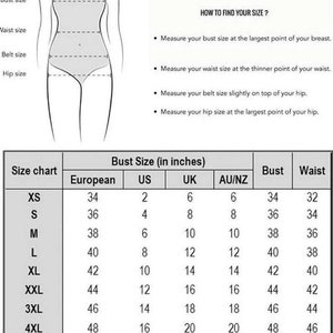 May include: Size chart for women's clothing with measurements in inches. The chart shows sizes from XS to 4XL, with corresponding measurements for bust, waist, and European, US, UK, and AU/NZ sizes.