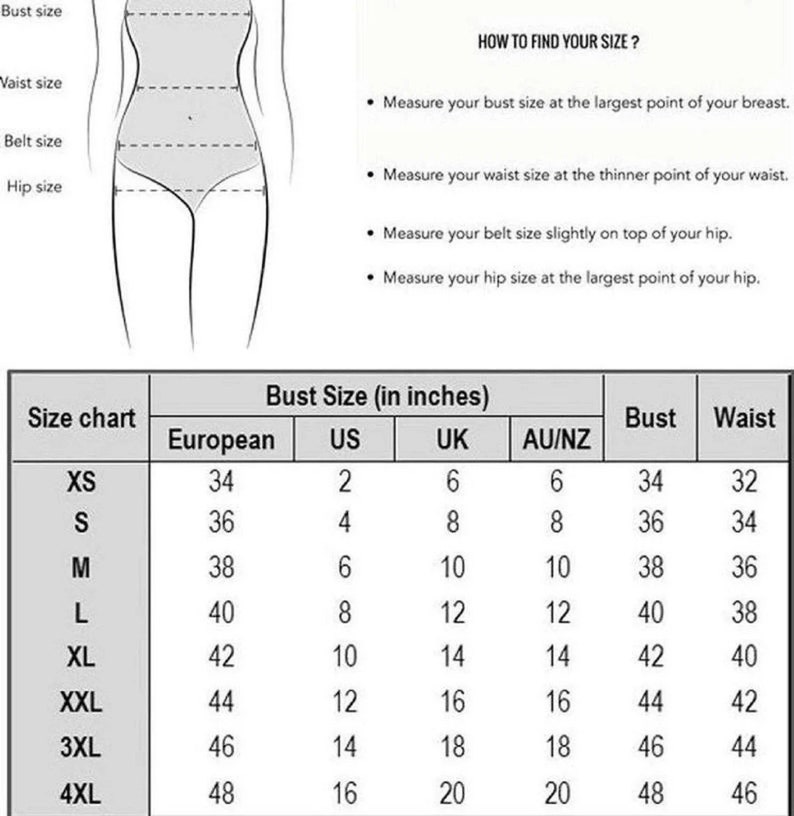 May include: Size chart for women's clothing with measurements in inches. The chart shows sizes from XS to 4XL, with corresponding measurements for bust, waist, and European, US, UK, and AU/NZ sizes.