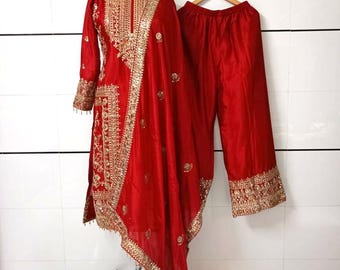 Embroidered Chinnon Salwar Kameez: Pakistani Wedding Dress with Dupatta