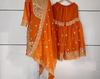 Embroidered Faux Georgette Sharara Suit: Indian Wedding Wear