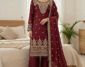 New designer 3 Piece Embroidered Salwar Kameez with Heavy Dupatta Neck Pattern Suit, Salwar Kameez, Wedding Sharara,Plus size Dress,Eid suit