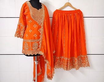 Embroidered Chinnon Silk Sharara Suit: Pakistani Salwar Kameez