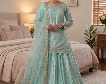 Pakistani Designer Zari Embroidered 3 pc Straight Kurta Lehenga Set with Satin Silk Dupatta, Partywear / Winter Salwar Kameez, Lengha Dress