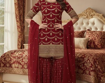 New designer 3 Piece Embroidered Salwar Kameez with Heavy Dupatta Neck Pattern Suit, Salwar Kameez, Wedding Sharara,Plus size Dress,Eid suit